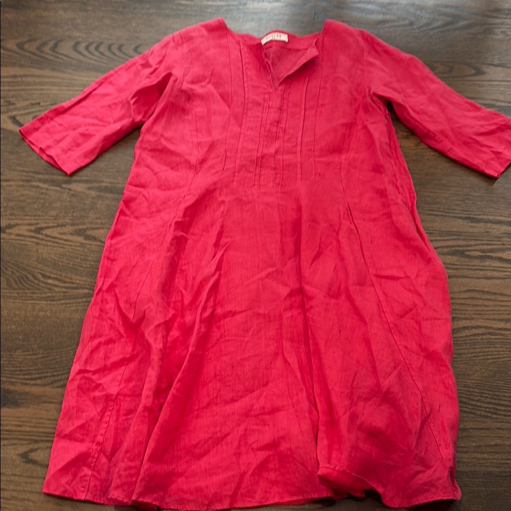 Pink Casual V-Neck Dress with Cuffed 3/4 Sleeves